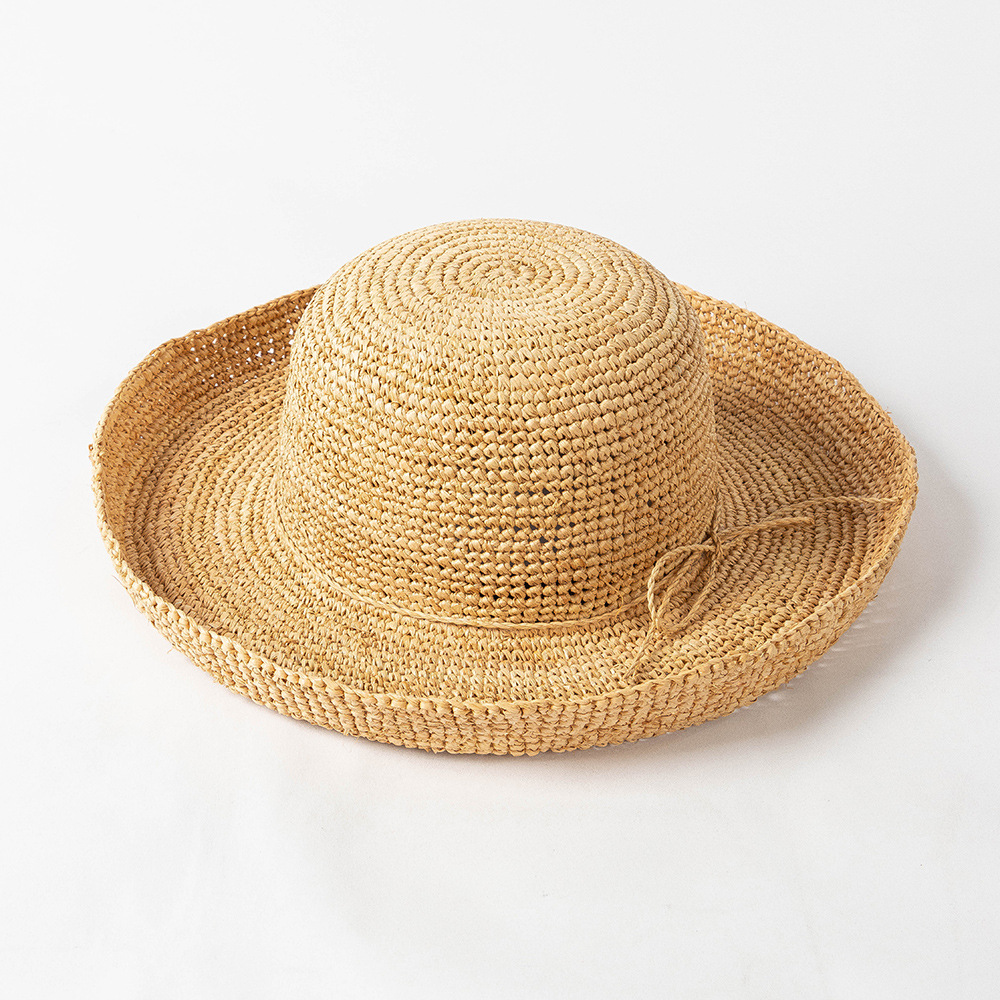 Spring And Summer New Fashion Casual Tie Rope Hand Crochet Dome Rolled Edge Raffi Straw Hat Outdoor Sun Protection Hat Women details Picture