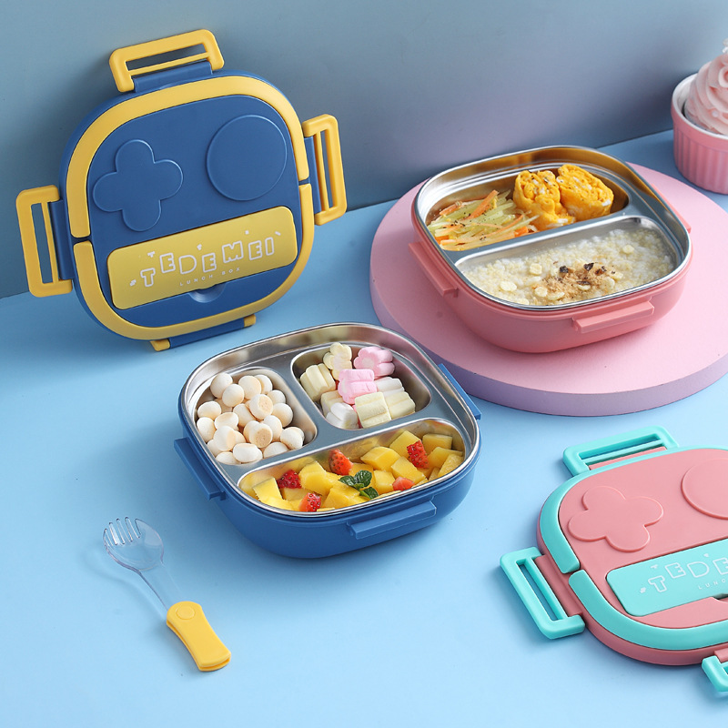 304便携不锈钢餐盒餐盘儿童宝宝餐具机器人造型饭盒带手提餐盒