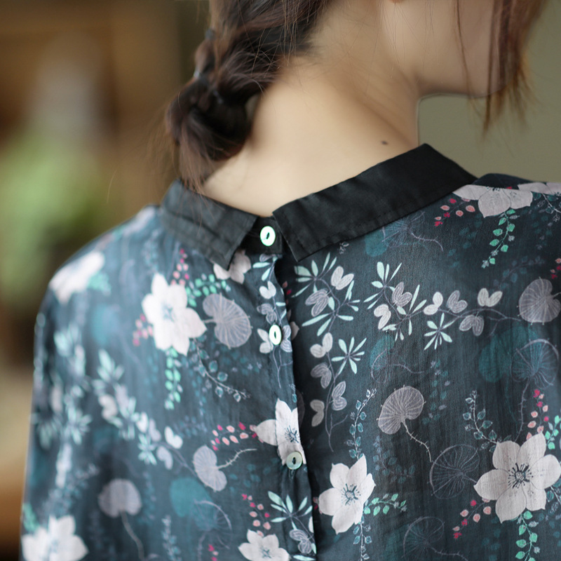 Artistic and retro loose doll collar mid-sleeve printed ramie shirt pullover cotton and linen top women's summer linen shirt Application Scenario