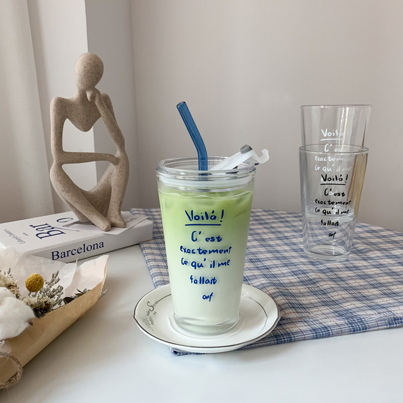 Juice cup, household glass coffee cup, high appearance level, large-capacity glass straw cup details Picture
