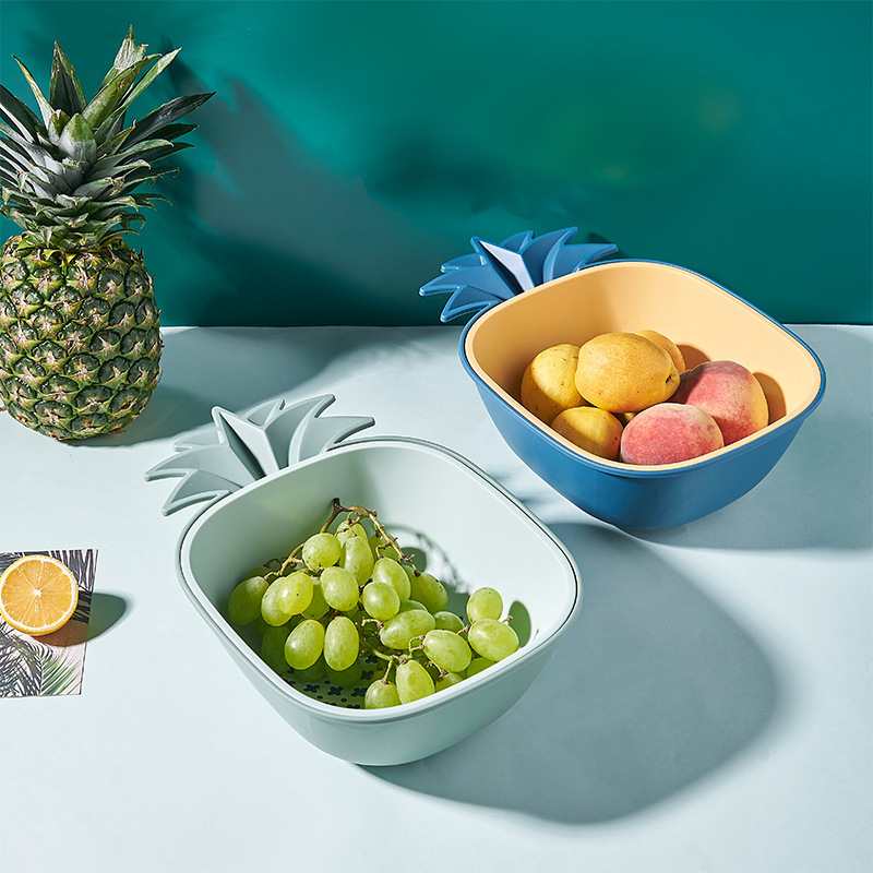 Double-layer pineapple draining basket, fruit and vegetable basin, kitchen vegetable and fruit storage basket, pink fruit basket, vegetable blue details Picture