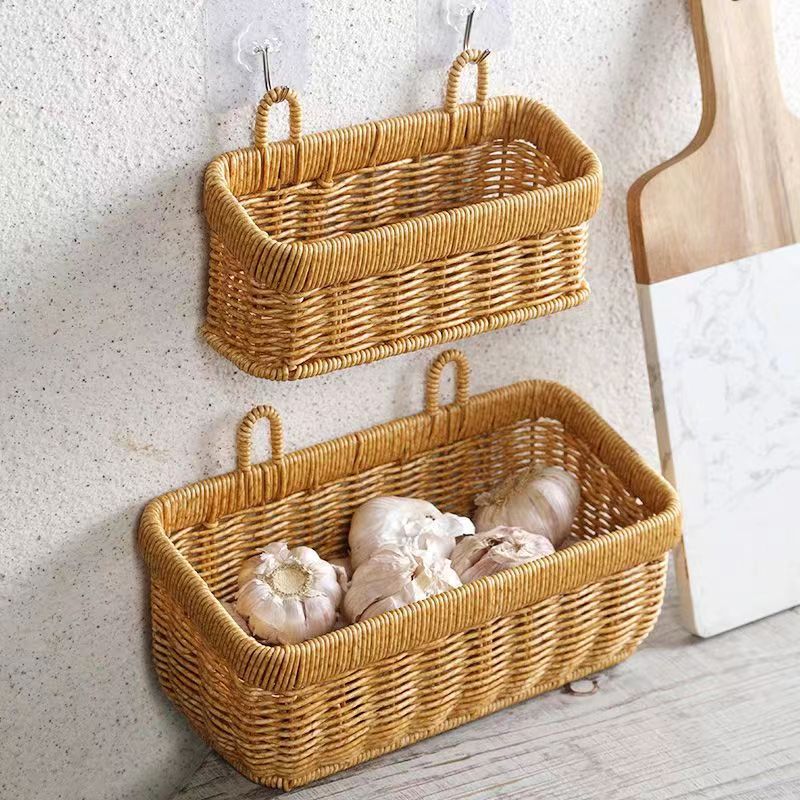 Imitation Rattan Ginger Garlic Storage Basket Woven Hanging Basket Kitchen Ginger Garlic Onion Egg Fruit Wall Hanging Basket Imitation Rattan Storage Box
