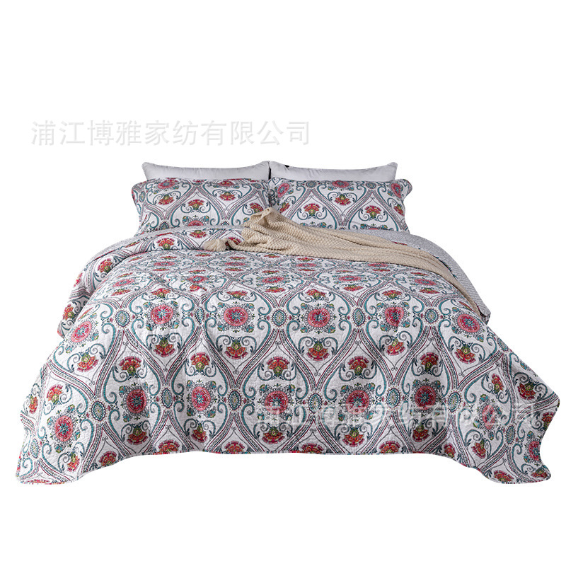 Cross-border supply of new printed quilted quilt, pure cotton bed cover three-piece set, high-count dense cotton washed bed sheet wholesale Item Picture