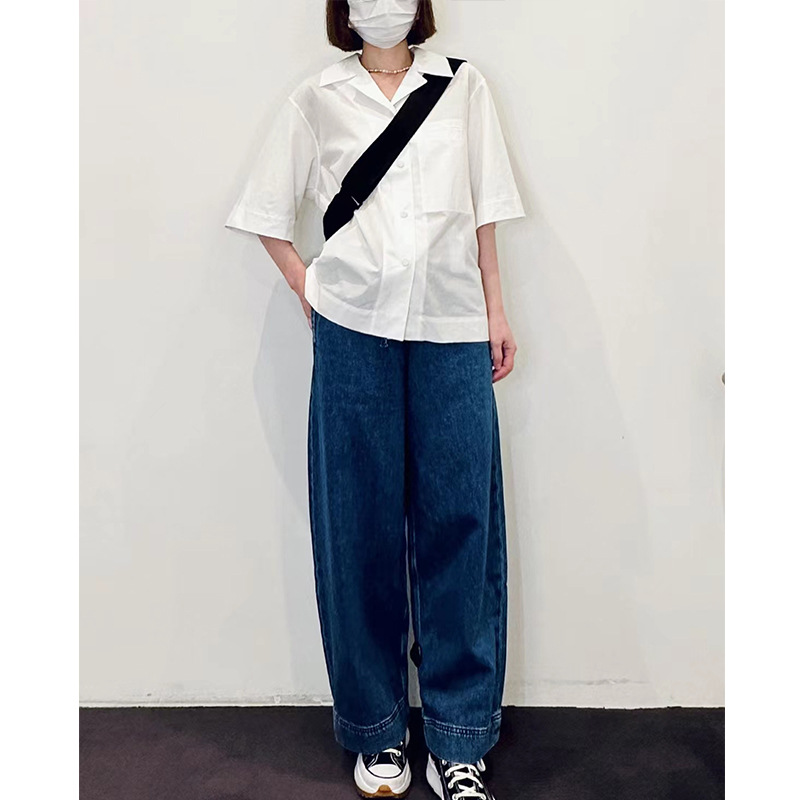 2023 Spring And Summer New Casual Version Of Elastic Waist Side Wide Leg Jeans Blue Loose Lazy Commuting Bottoms
