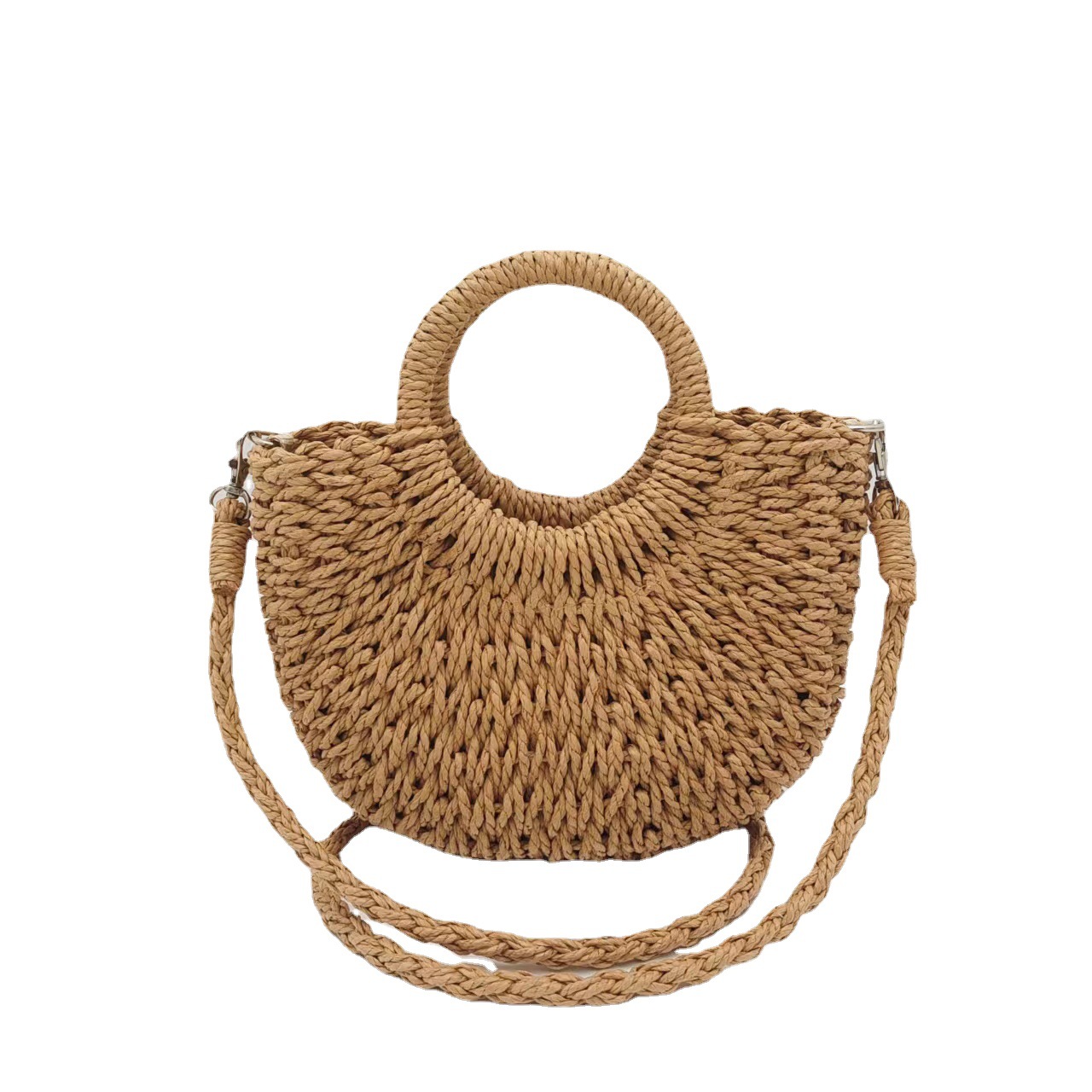 Wholesale Supply Of Semi-Circular One-Shoulder Moon Bag Straw Bag Women's Handbag Paper Rope Braided Small Round Bucket Bag Item Picture