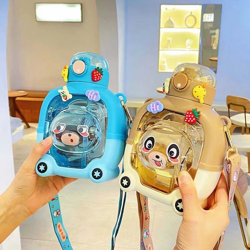 New Summer Children's Drinking Cup With Straw Plastic Cup Magic Bear Can Love Card Full Height Appearance Horizontal Strap Portable Kettle Specification drawing