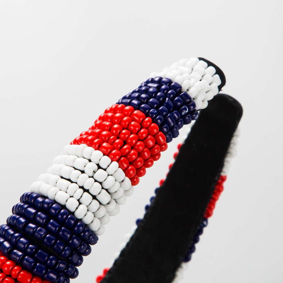 Amazon red, white and blue rice bead hair band, personalized woven beaded sponge wide edge headband, pressure hair accessory details Picture