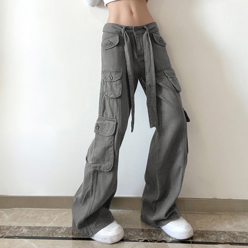 Grey multi-pocket work pants for women, 2022 new style of European and American style women's pants, hot girl low-waisted loose casual denim pants details Picture