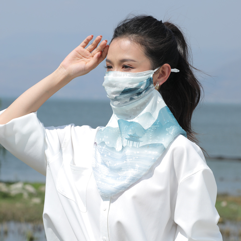 国潮风雪纺防晒口罩女护颈夏遮阳面纱紫外线薄款透气遮脸防晒面罩