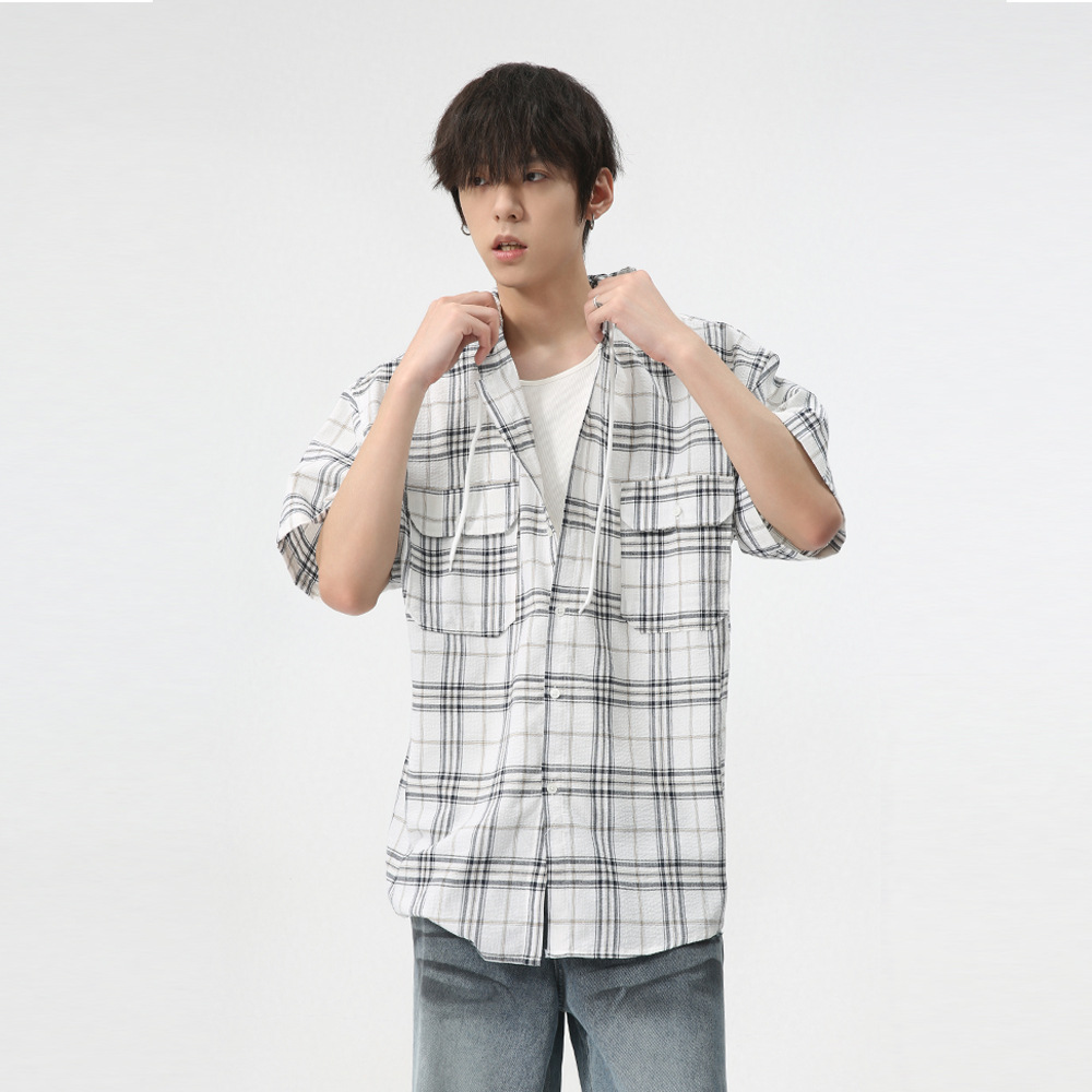 MTLCLOTHES men's Wear: The new 2024 summer collection features a trendy Japanese retro checkered double-pocket hooded work shirt