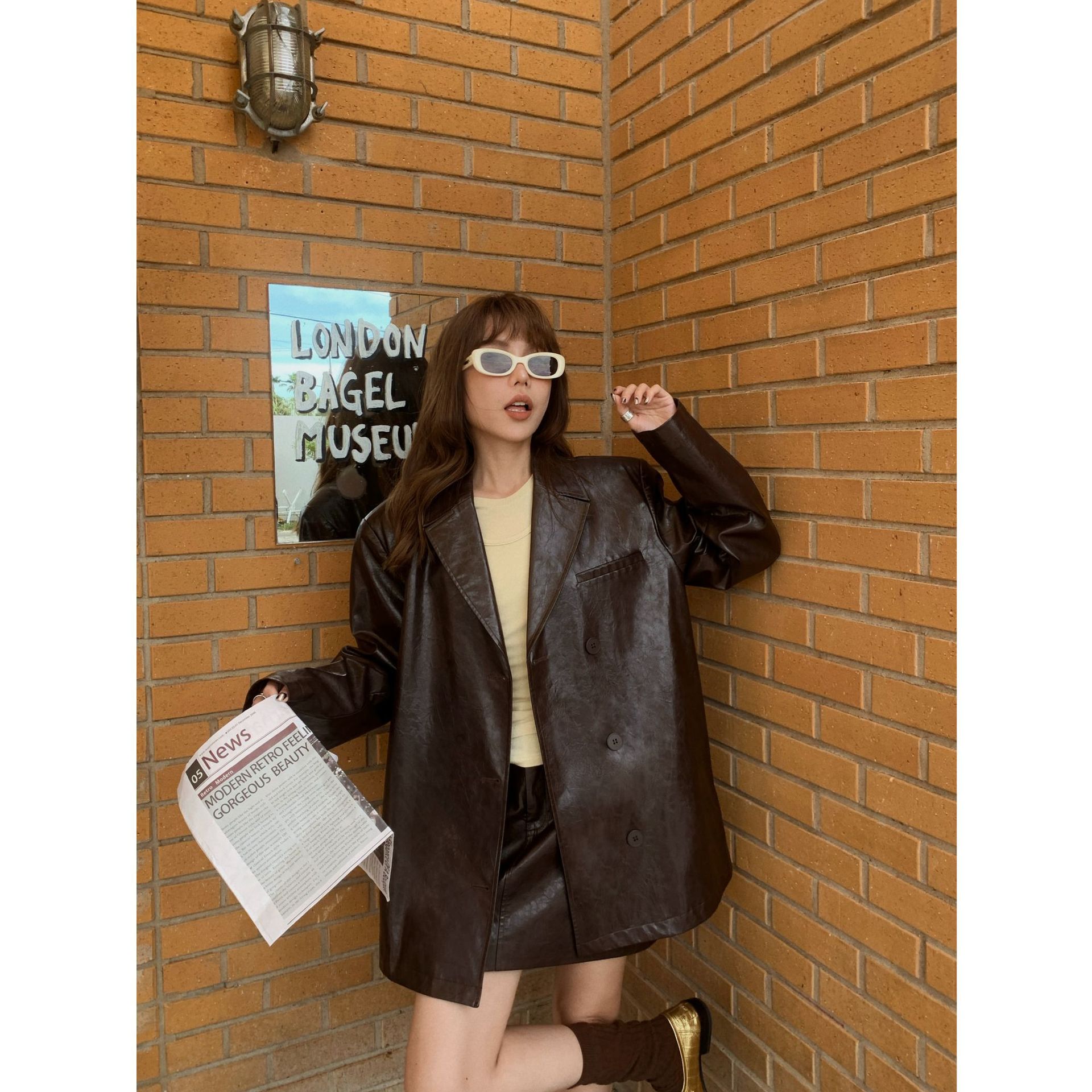 UNITY MODE街头风潮酷皮衣西装夹克女秋季oversize欧美风外套黑色