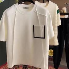 短袖男士圆领T恤夏季新款潮流宽松设计感拼接白色体恤男装