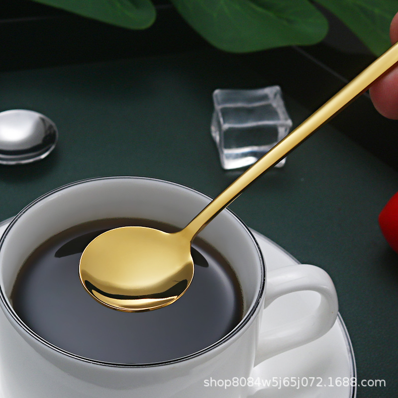 304 Stainless Steel Golden Small Round Spoon, Coffee Spoon, Long-Handled Bird's Nest Spoon, Stirring Spoon, Household Dessert Spoon, Honey Spoon Application Scenario