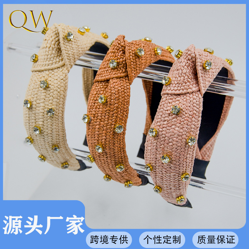 Qiwei Accessories' exclusive cross-border new diamond-encrusted summer Raffia grass woven hair compression headband, grass woven hair band, women's vacation style hair accessory for women