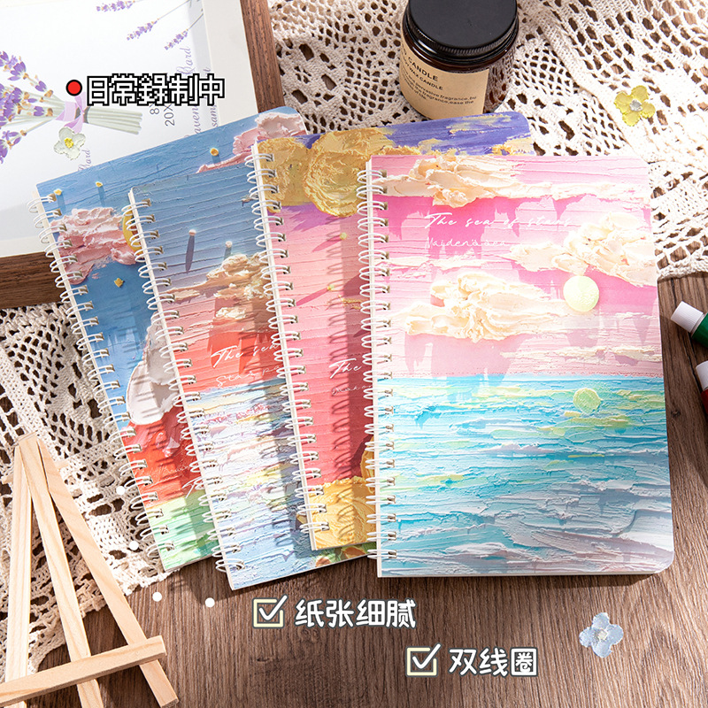 Ins Oil Painting Landscape A5 Coil This Student Diary Lovely Stationery Notepad Thickened Horizontal Line Notepad details Picture