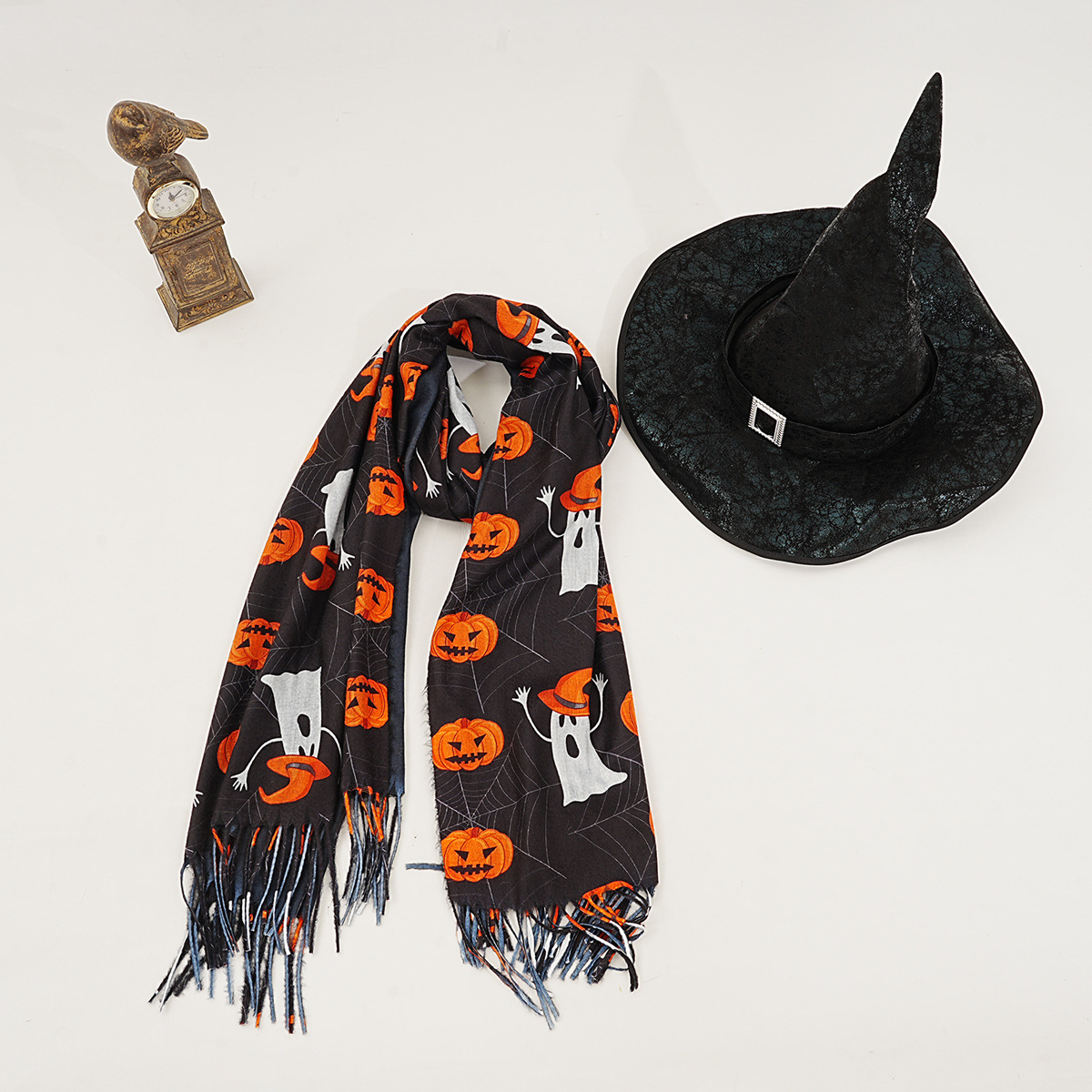 New faux cashmere black Halloween ghost pumpkin digital print scarf Magic Awakening Wizard hat set Specification image