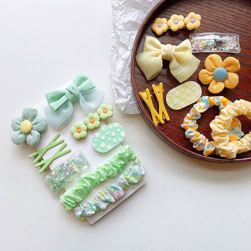 Korean Cute Fabric Flower Children's Hairpin Set Spring Color Bow Fringe With Floral Pleated Scrunchie Specification drawing
