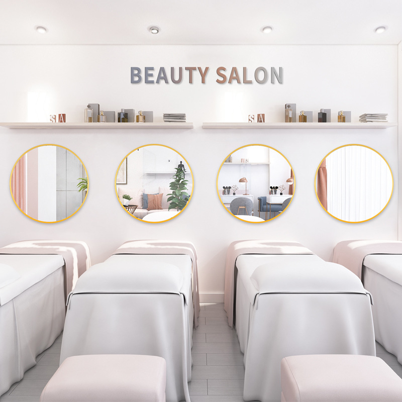 Bedroom Makeup Mirror Round Home Wall Hanging No Punch Dressing Table Light Luxury Wall Mesh Red Beauty Salon Application Scenario