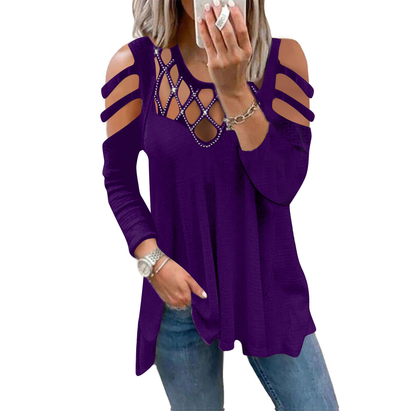 2022 Cross-border Autumn/Winter New independent Station fashion V-neck solid color off-the-shoulder cutout front chest hot diamond casual top women's T-shirt details Picture