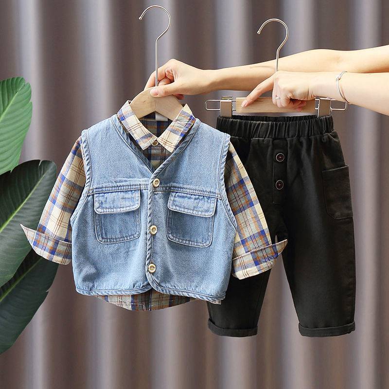 Autumn Children's Set, Boys' autumn Set, new Spring and autumn children's denim vest, cool three-piece set for infants and toddlers