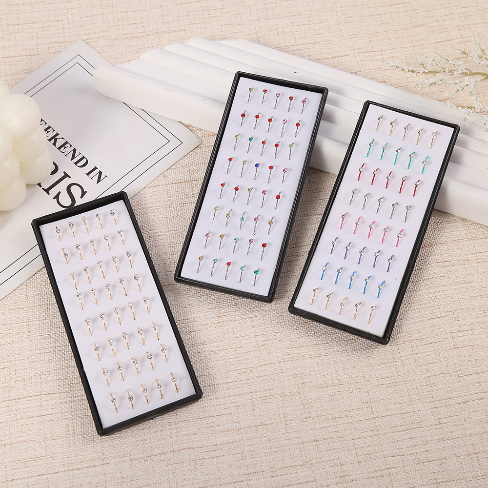 European and American stainless steel nose rings with diamond-encrusted circles, 40 sets, gold and silver colored personalized nose stud piercing accessories, cross-border Specification image