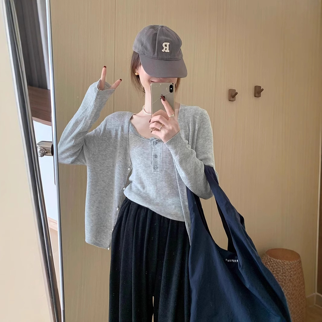 Lace halter two-piece fine wool top spring new sweet and elegant simple style knitted sweater women's set Specification image