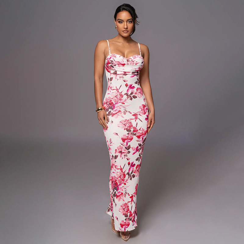 JY24151 European and American style fashionable printed button-neck halter dress 2024 Summer new style slimming long dress details Picture