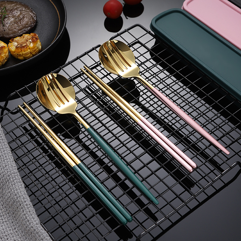 Three-piece set of stainless steel spoons, forks and chopsticks, portable tableware for students, high appearance level tableware storage box, can be printed with logo details Picture