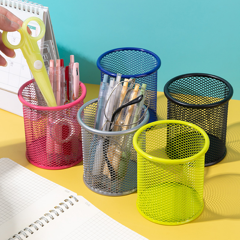 创意笔筒铁艺镂空桌面收纳笔筒学生文具多功能彩色办公圆形笔筒