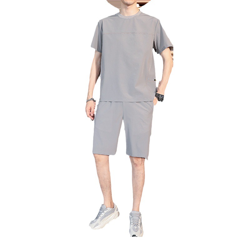 Men's casual set for summer, trendy Korean style, paired with a cool ice silk T-shirt, quick-drying clothes, short sleeves and shorts two-piece set Item Picture