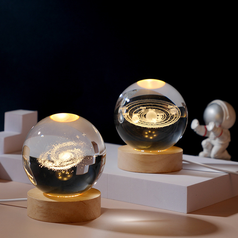 Wooden circular luminous base, creative crystal ball, galaxy solar system night light ornament, glass ball handicraft gift
