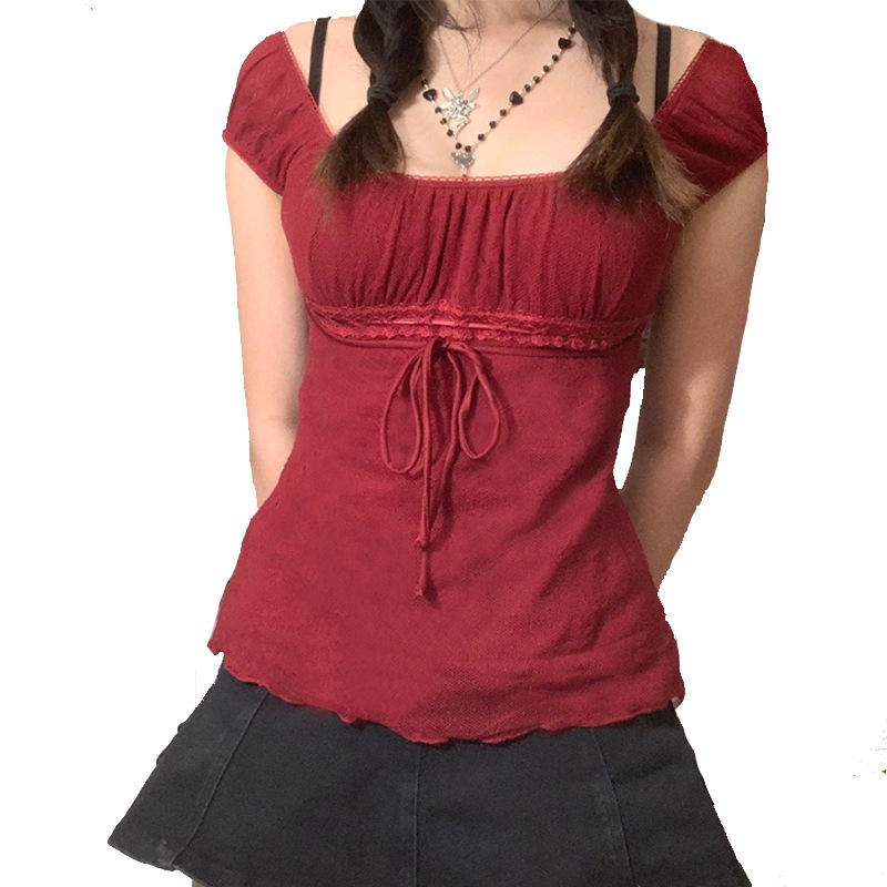 SU2758, a new sexy and elegant women's lace blouse with mesh fabric for export, featuring a pullover with a bow and a cinched waist Item Picture