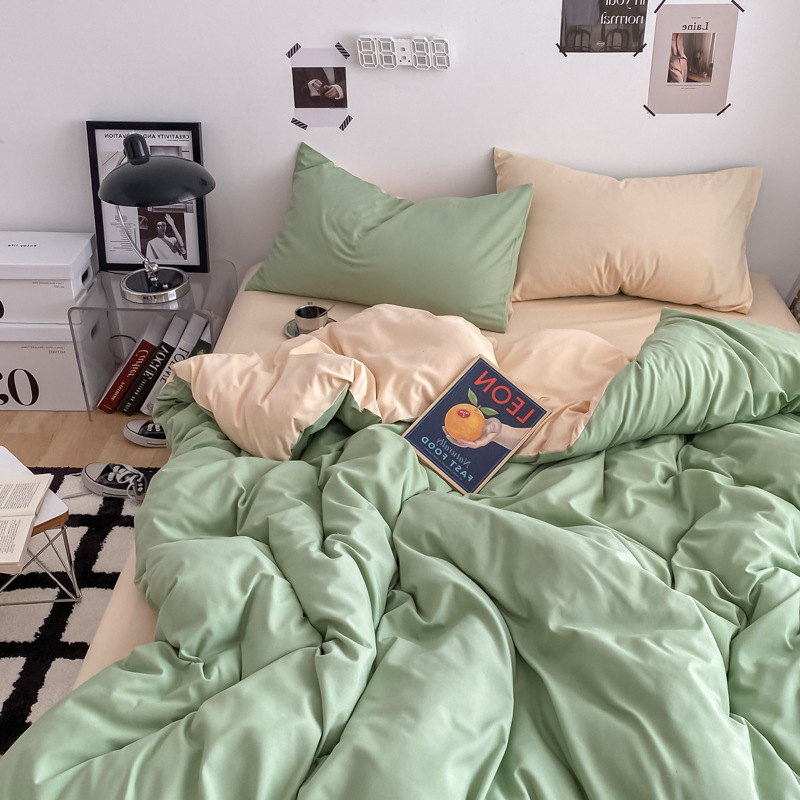 Solid color two-piece washed cotton four-piece set, student dormitory three-piece set, pure cotton bed sheet, quilt cover, bed hat style bedding Specification image