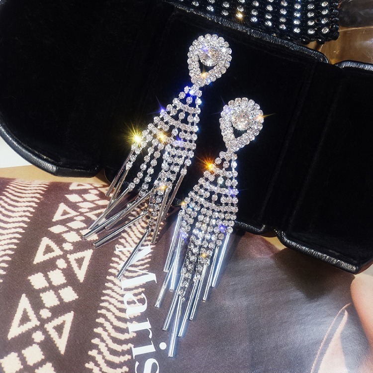 欧美时尚夸张满钻流苏耳环女气质名媛长款耳坠网红耳饰显脸瘦耳钉细节图