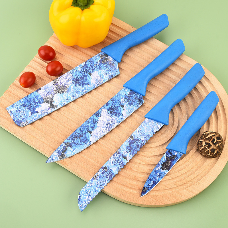 Wholesale stainless steel blue printed straw knife set of six pieces details Picture