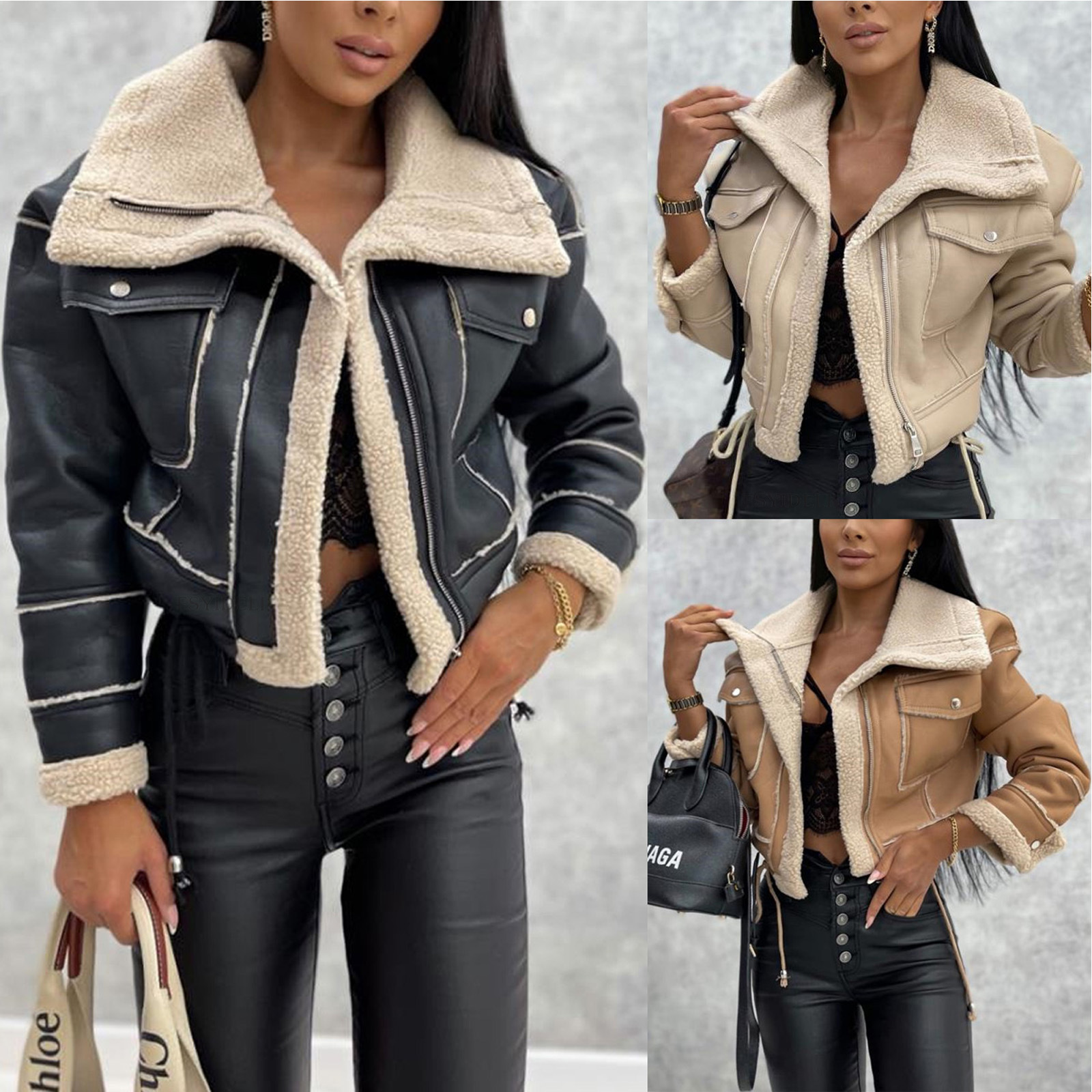 Europe and the United States foreign trade autumn and winter coat new lamb wool short coat zipper motorcycle wind jacket top female thumbnail
