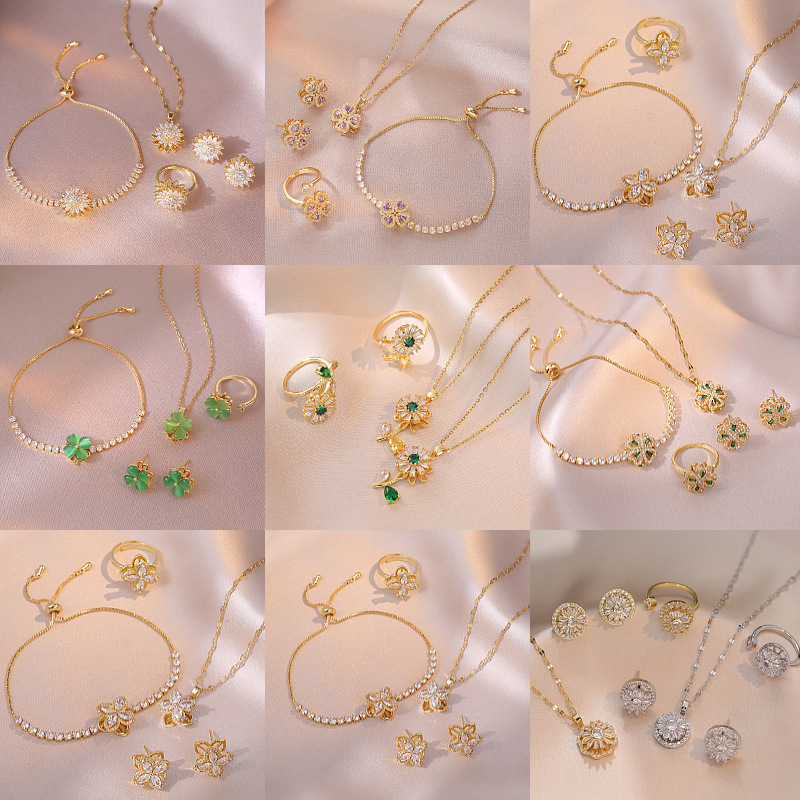 项链女 网红同款跨境向日葵花朵锆石旋转三件套套装饰品钛钢项链