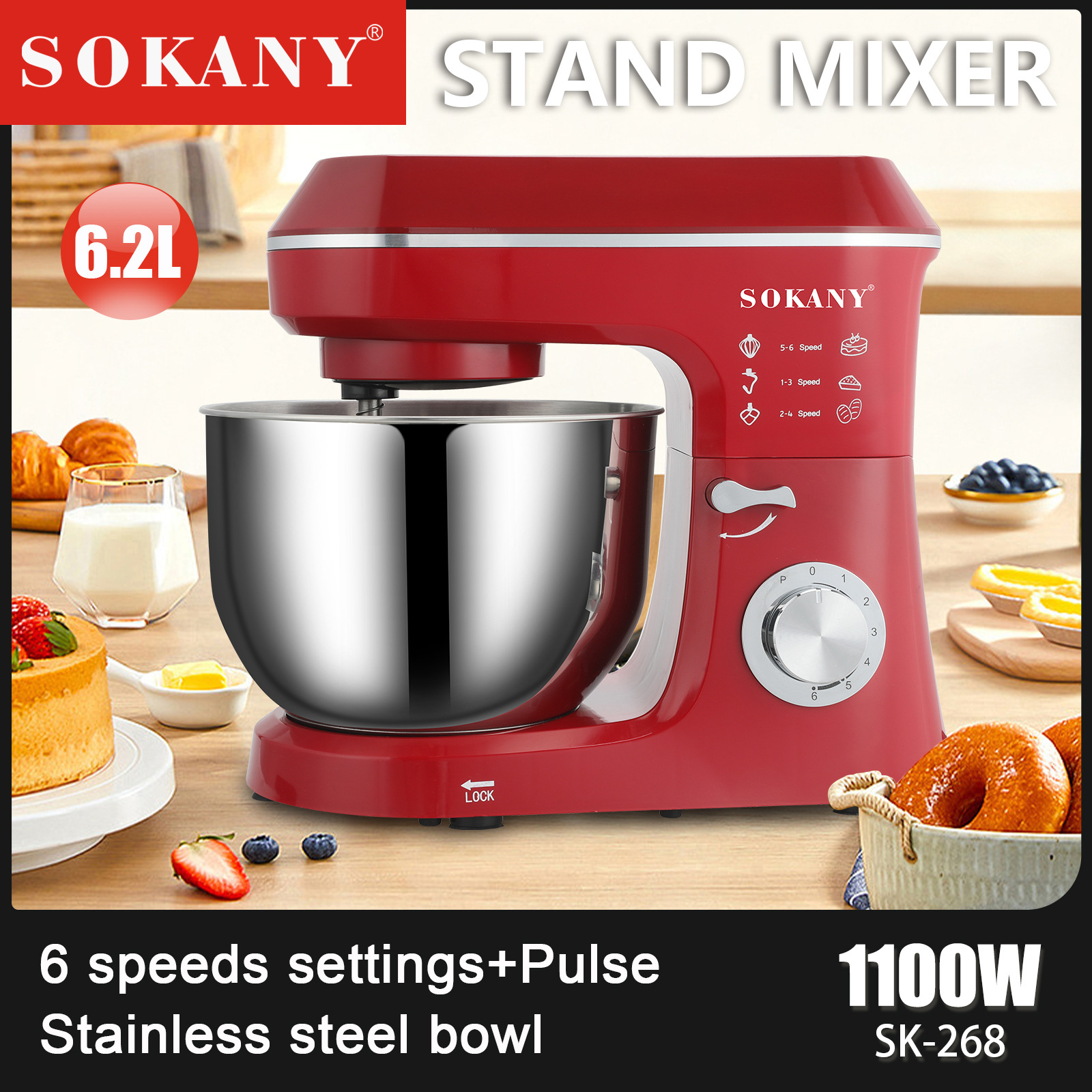 Cross-border SOKANY268 dough Mixer 6.2L multi-functional household chef machine Stand Mixer Order