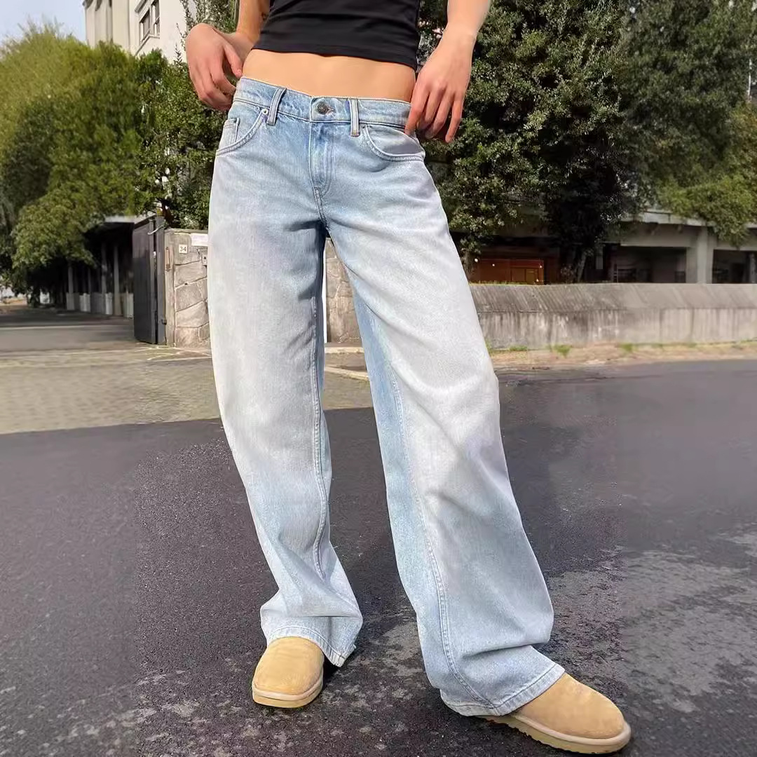 European and American washed retro straight-leg high-waisted wide-leg loose drape versatile jeans details Picture