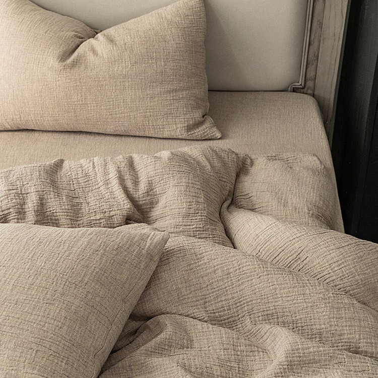 Fabric Innovation Plain Cotton And Linen Double Yarn Bed Sheet Four-Piece Simple High-Grade Bedding Set All Cotton Bedding details Picture