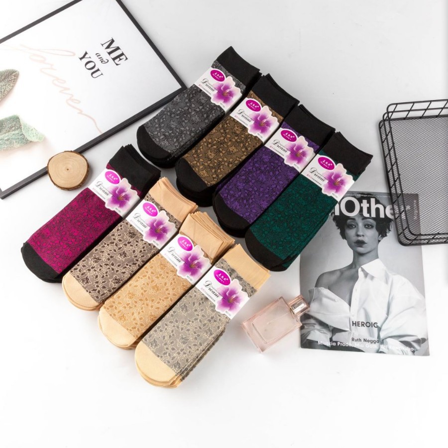 Spring and summer silk stockings, women's thickened jacquard stockings, mid-calf senior socks, grandma steel silk stockings, anti-drop, colorful patterned short socks