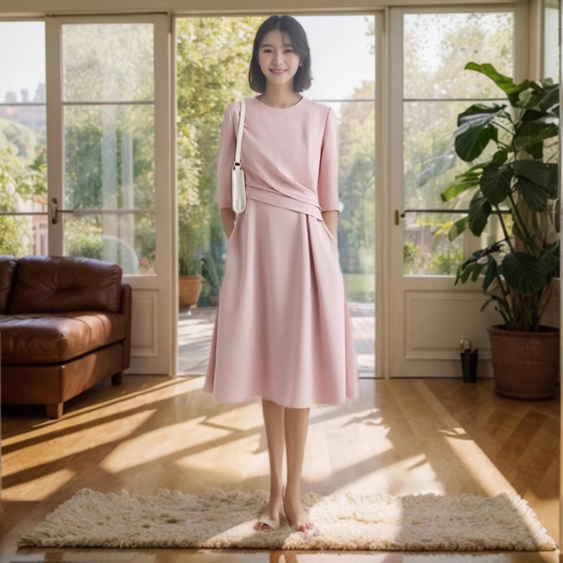 This 2691 plus-size women's dress with a French boat collar and pleated waist is a popular choice for chubby girls. It's a simple and fashionable mid-length dress details Picture