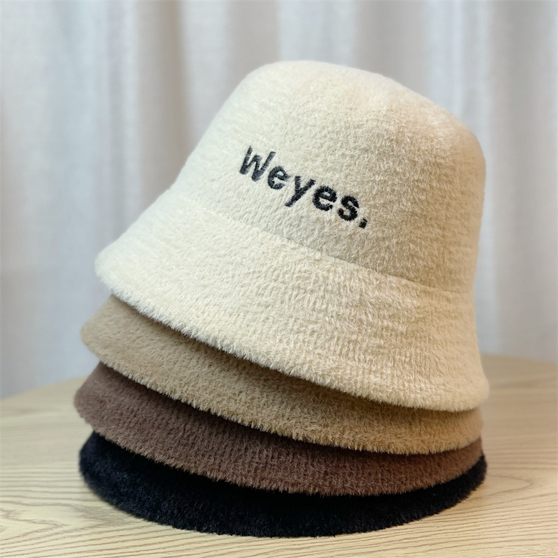 New Hat For Women Autumn-Winter Plush Warm Fisherman Hat Embroidered Letter Mink Hair Top Hat Cover Face Bucket Hat Basin Hat