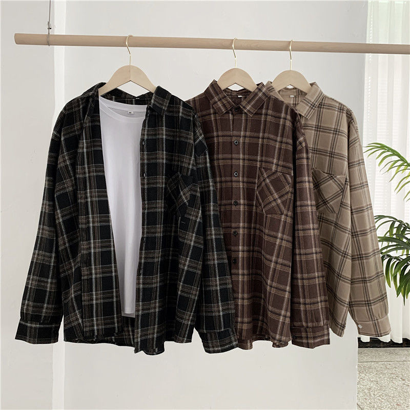 Retro mid-length checked shirt for women, long-sleeved Hong Kong-style loose plus-size women's wear, Korean style spring outerwear student top Item Picture