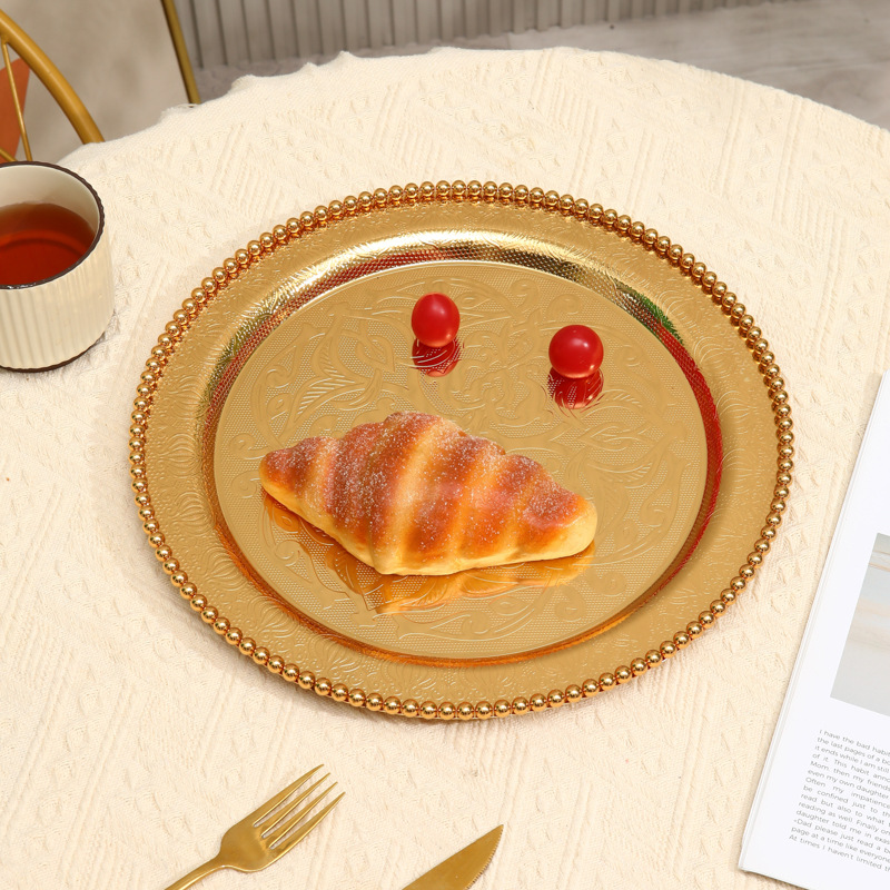Large Fruit Tray Light Luxury Metal High-Grade Bead Point Dried Fruit Snack Tray Home Afternoon Tea Pastry Tray Jewelry Tray