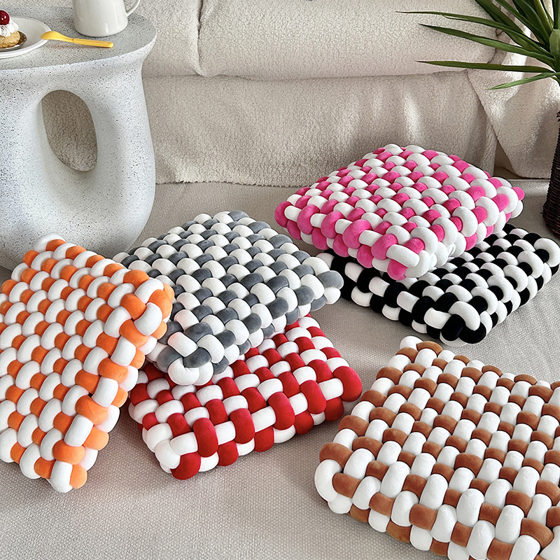 北欧抱枕精致拼色方形编织椅垫坐垫沙发靠背毛绒靠枕装饰飘窗垫