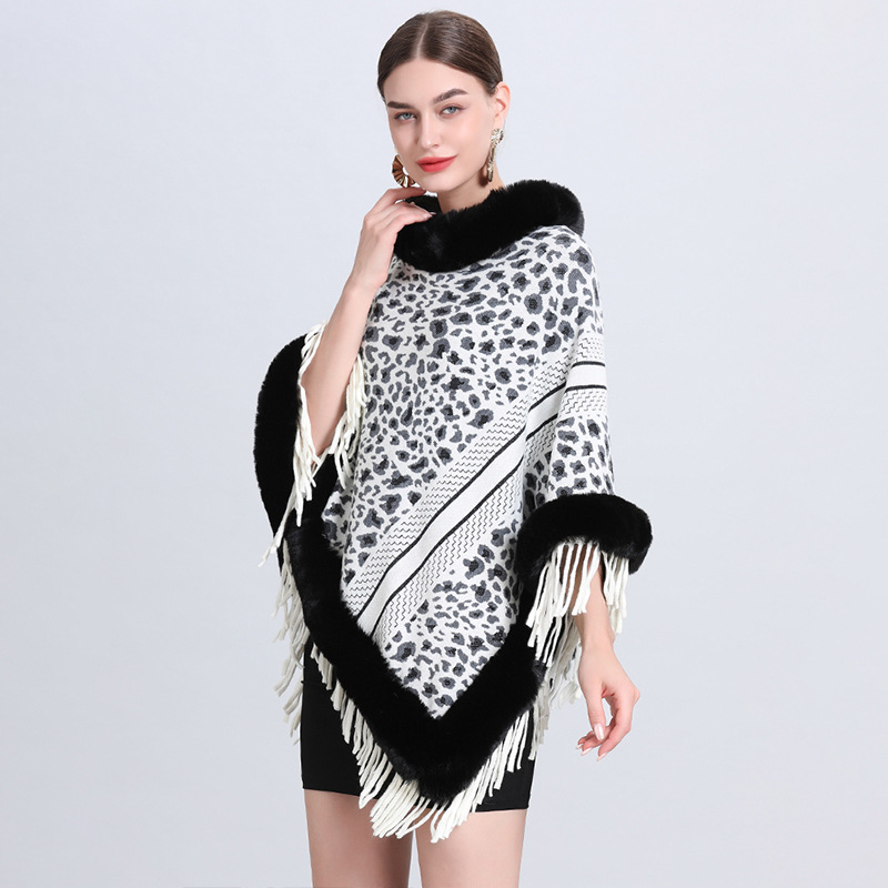 306# New Faux Rex Rabbit Fur Collar Cape Cape For Women Jacquard Fringe Knitted Pullover Plus Size Bat-Sleeve Cape details Picture