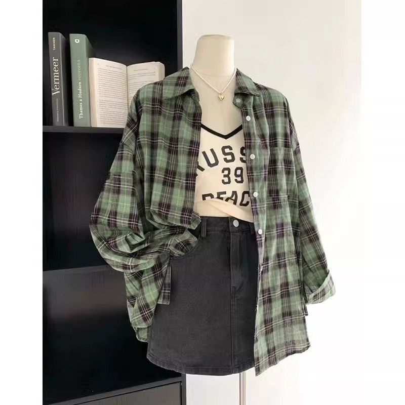 Cotton Linen Plaid Coat Power Wear With Retro Linen Green Shirt Women's Early Autumn Sun Protection Shirt Top Spring Autumn