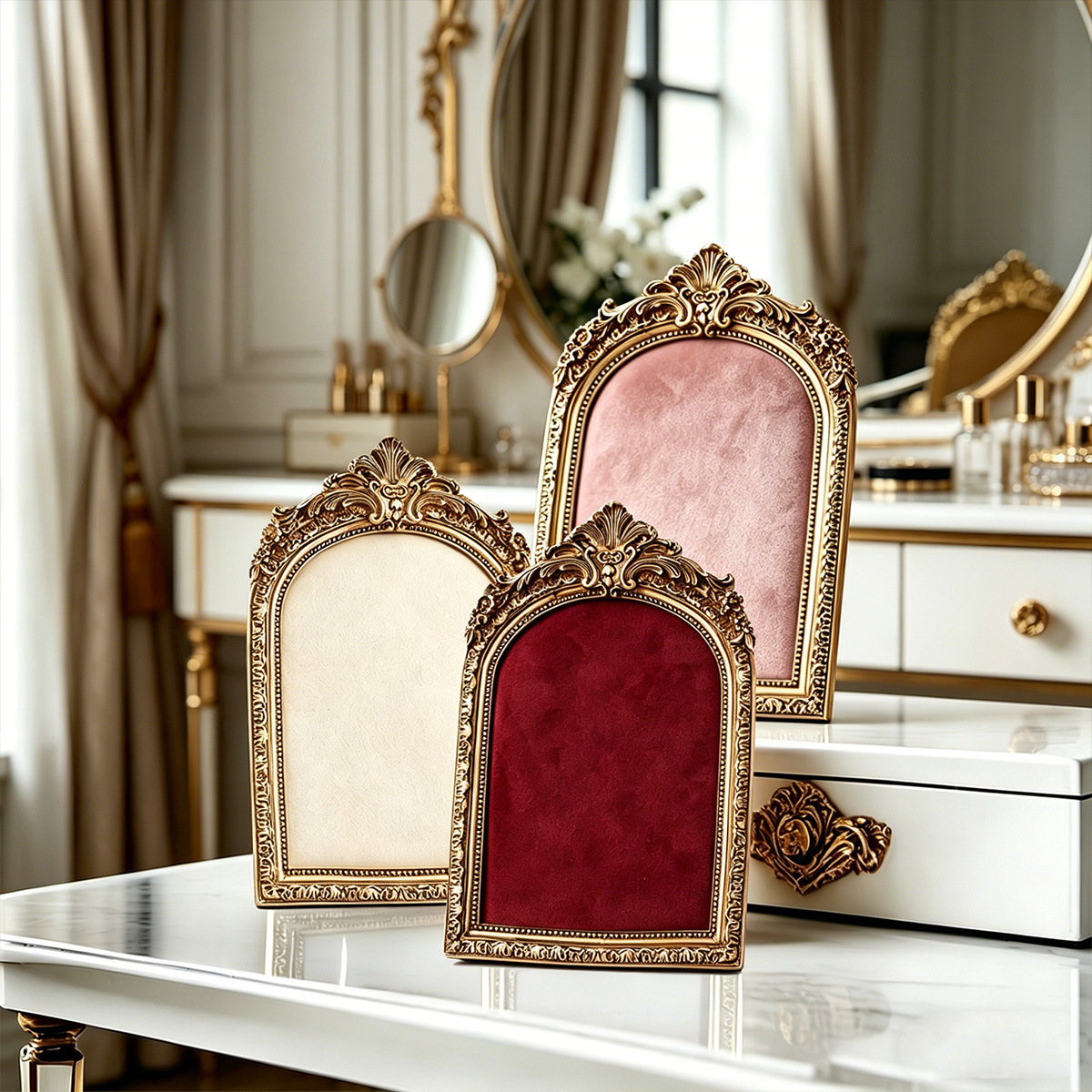 Cross-border retro European-style photo frames, jewelry display stands, ring and necklace storage plates, accessories and jewelry store display items Application Scenario