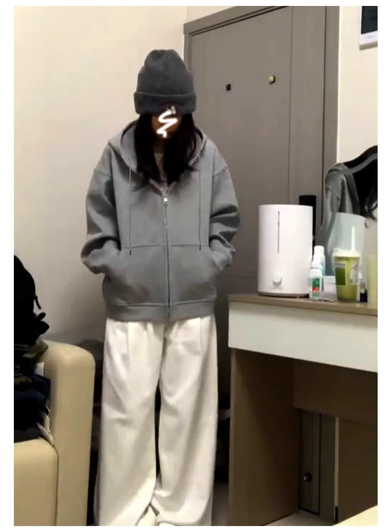 山东即墨卫衣外套女早秋冬季新款慵懒风连帽拉链开衫外套休闲上衣详情4